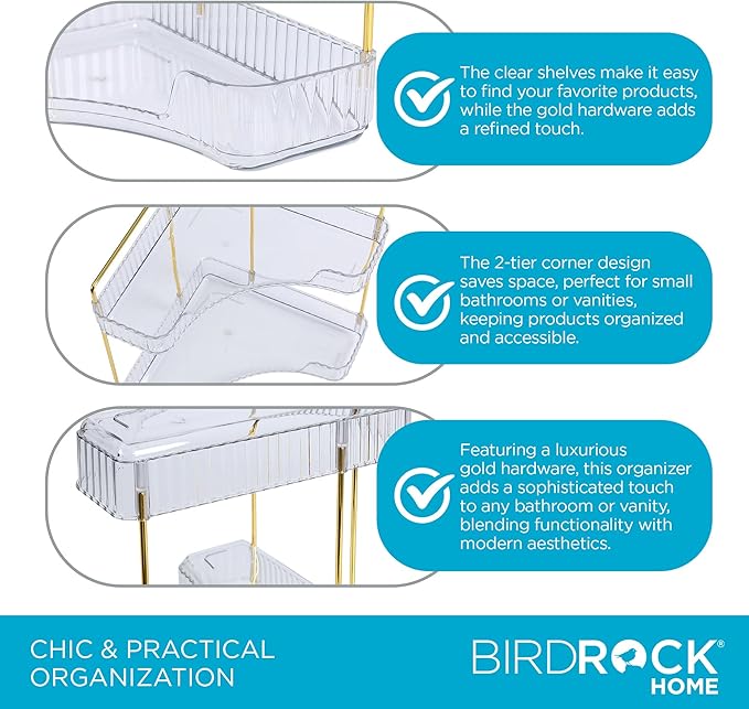 BIRDROCK HOME 2-Tier Corner Cosmetic Organizer - Clear Shelves with Gold Hardware, Easy Assembly, Durable Design for Makeup, Perfumes, and Self-Care Products