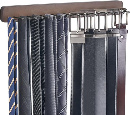Mkono 2 Packs Tie Rack Wall Mounted Belt Hanger Holder Rustic Wood Tie Organizer for Men Closet Max up 20 Storage for Ties Belts Scarf