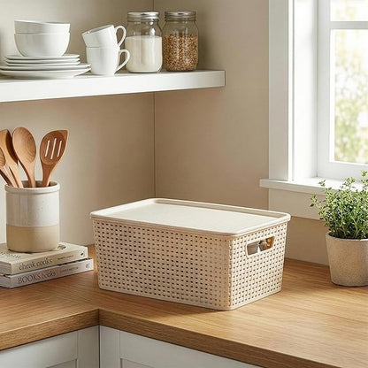 BINO | Plastic Storage Baskets with Lids, 15.5 Liter - 3 Pack, Natural | THE WOVEN COLLECTION | Storage Basket for Shelves | Woven Storage Baskets for Organizing Bins | Pantry Shelf Organizer Bin