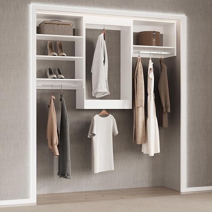 Medium Double Hanging Closet Unit, Modular Closet System, Wood Closet System Organizer with Storage for Walk In Closets, Clothing Rack Closet for Hanging Clothes, Bedroom, White, 25.5"W
