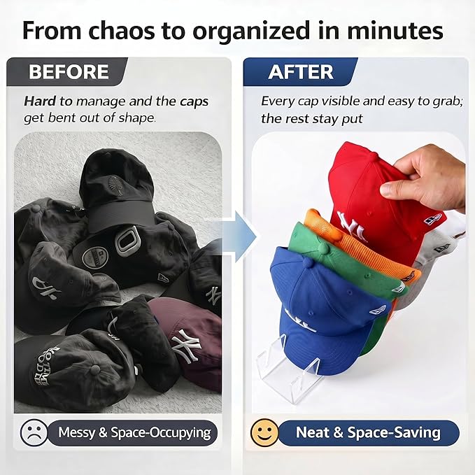 Baseball Hat Organizer 3 Pack, Clear Acrylic Hat Organizer Rack, Hat Display Stand Holds 21 Caps, 7-Slot No Assembly Cap Storage for Closet Shelf, Dresser, 11.4 x 3 x 2.2 in