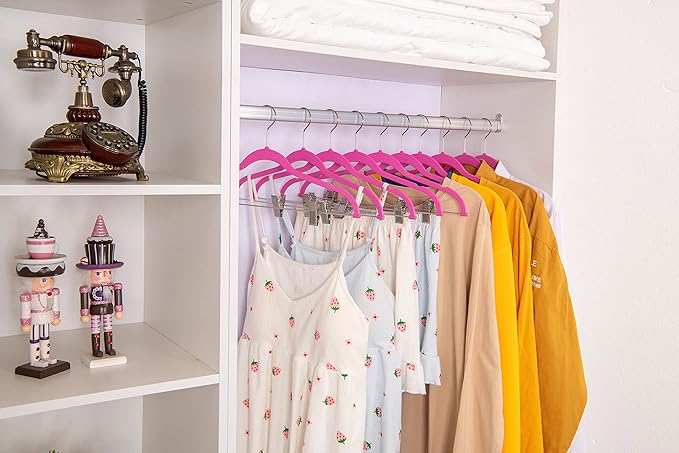 80 Pack Pink Quality Plastic Non Velvet Non-Flocked Thin Compact Coat Hangers with Metal Clips for Skirts Pants Blouses 360° Swivel Hook
