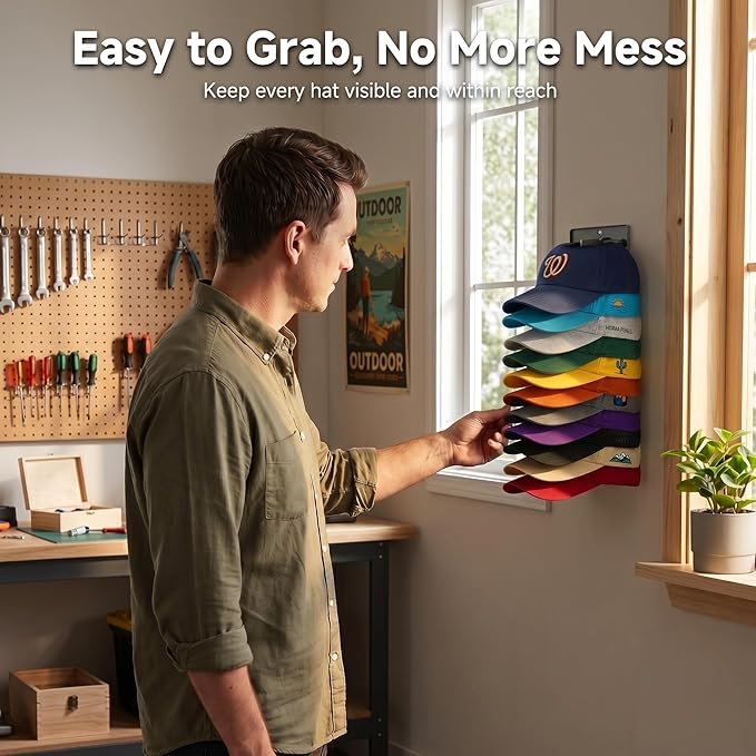 2 Pack Hat Organizer for Baseball Caps Wall Mounted, Hat Rack & Hat Holder with Strong Adhesive or Screws, Spring Clips Secure Hold, Space Saving Hat Organizer for Door, Closet or Entryway