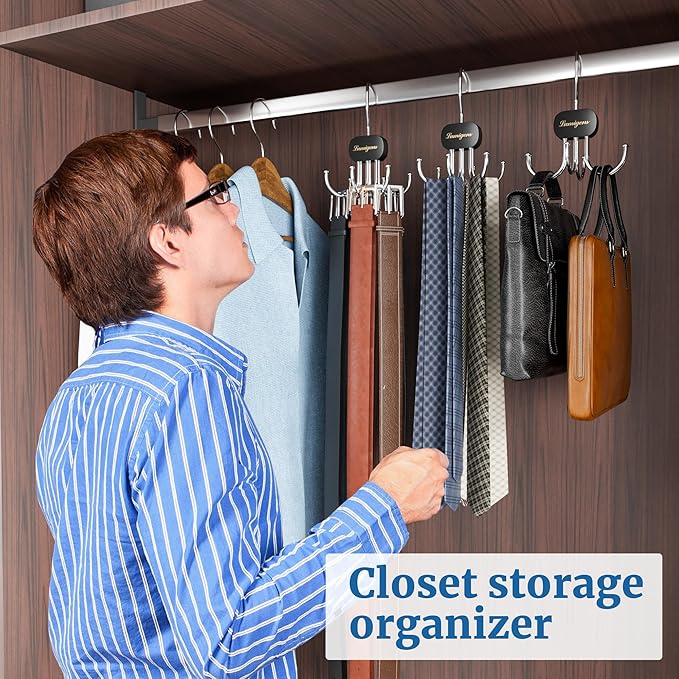 Belt Organizer for Closet,2PCS Tie Rack, Belt Tie Hanger for Closet,Tie Organizer for Men,Hanging Closet Organizer Hook for Belt, Bra, Tank Top, Tie, Scarf, Hat, Purse,Black