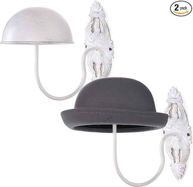 MyGift 2 Pcs Hat Display Wall Mount, Hat Holder, Cowboy Hat Rack for Wall, Baseball Cap Wig Helmet Organizer, White Metal