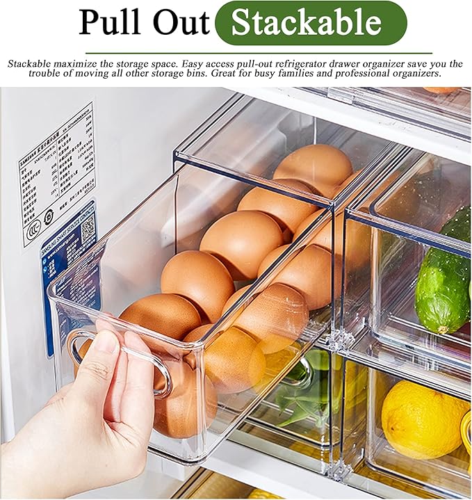 bealy 3 Pack Fridge Organizer and Storage,Clear Storge Bins with Pull-out Drawer, Fridge Drawers Clear Stackable Storage Drawer Containers for Freezer, Refrigerator, Pantry, Kitchen
