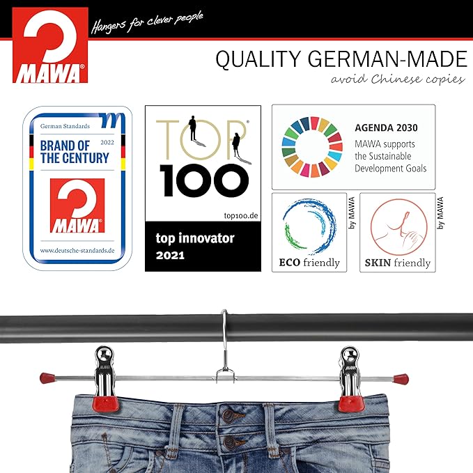 Mawa by Reston Lloyd Non-Slip Space-Saving Clothes Hanger For Pants & Skirts with Two Non-Slip Clips, Style K/30D, 12-Inch, Set of 10, Red