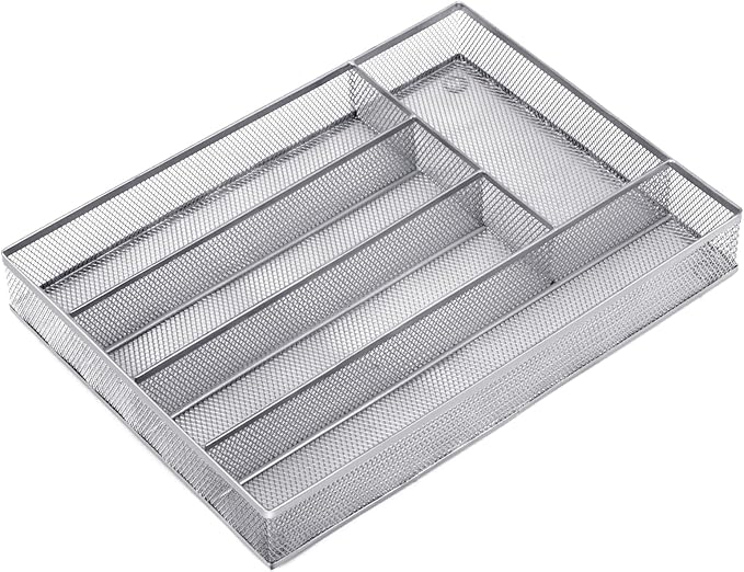 Neudeco Silverware Drawer Organizer - 5 Compartment Cutlery Tray with Non-Slip Feet, Mesh Wire Flatware Storage Divider for Kitchen, Bedroom, Living Room (Silver)