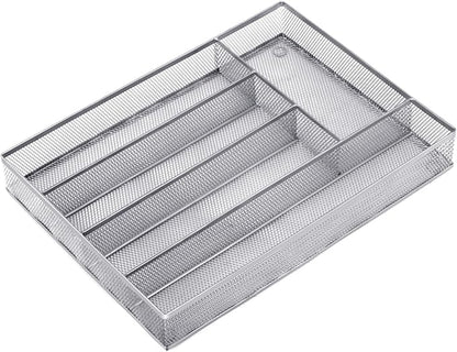 Neudeco Silverware Drawer Organizer - 5 Compartment Cutlery Tray with Non-Slip Feet, Mesh Wire Flatware Storage Divider for Kitchen, Bedroom, Living Room (Silver)