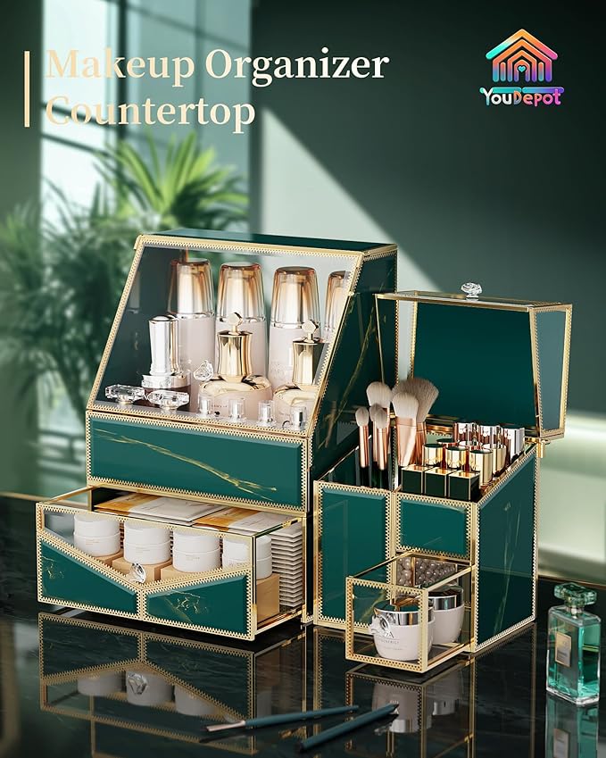 Youdepot Glass Makeup Organizer for Vanity and Bathroom Countertop – Large Cosmetic Display Case and Skincare Storage Solution
