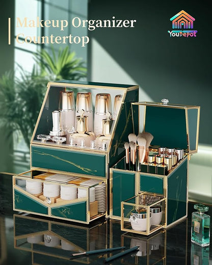 Youdepot Glass Makeup Organizer for Vanity and Bathroom Countertop – Large Cosmetic Display Case and Skincare Storage Solution