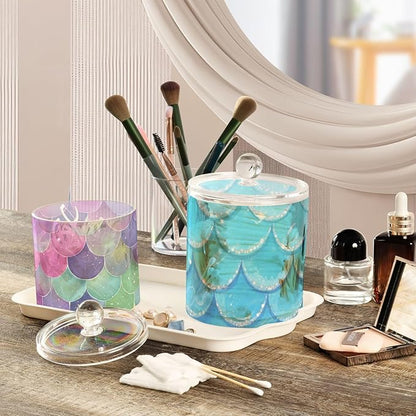 2 Pack Qtip Dispenser Apothecary Jars with Lids Cotton Round Holder Bathroom Canisters for Cotton Swab Floss Ball Pads Clear Plastic Decorative Blue Fish Scale