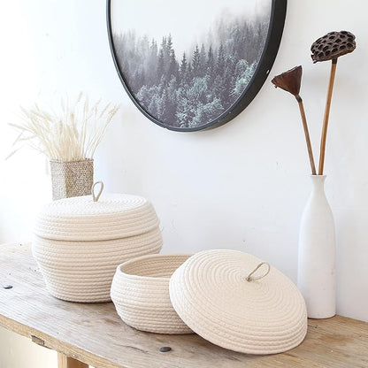 Sea Team Round Cotton Rope Storage Basket with Lid, Decorative Woven Storage Bin, Pot, Caddy, Organizer, Container for Snacks, Towels, Plants, 13 x 9 Inches (Large, Cream)