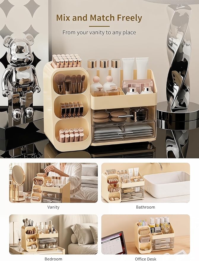 Booklov Makeup Organizer for Vanity, Large Capacity Cosmetic Display Case with Clear Acrylic Drawer, Countertop Beauty Storage Holder for Skincare, Brush Eyeshadow Lipstick Counter Desk, Crystal Cream