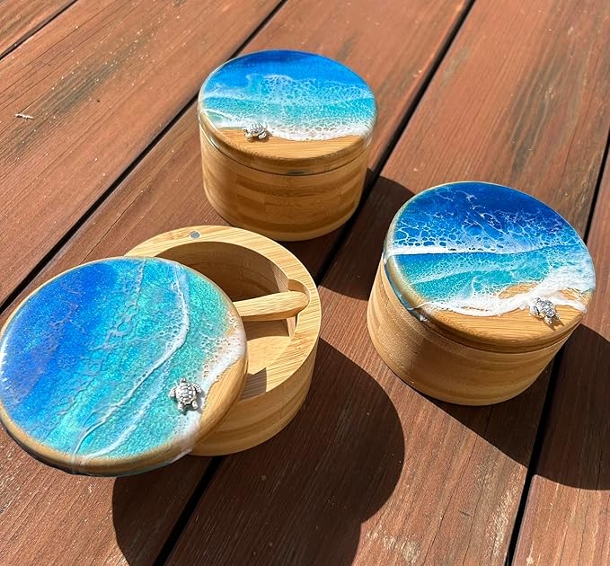 Ocean Resin Art Bamboo Salt Box, Salt Cellar, Bath Salt Container, Storage Box, Herb, Salt, Pepper, Sugar, Spices Storage Box with Magnetic Swivel Lid, Spoon and Turtle Charm