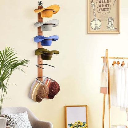 Cowboy Hat Holder Rack Organizer: 6 Hats Cowboy Hat Holder for Wall Mount, Detachable Wooden Western Metal Rustic Hat Hanger Storage, Hat Rack for Cowgirl Hat, Fedora, Sun Hats
