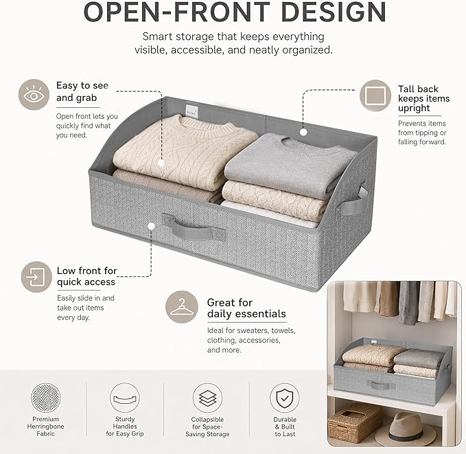 WUIKE Closet Organizers and Storage, Trapezoid Storage Bins, Fabric Closet Bins with Handles, Foldable Storage Baskets for Clothes, Purse, Blanket, Herringbone Gray, Extra Large, 3-Pack