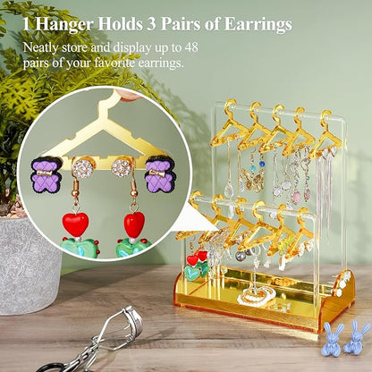 NiHome Acrylic Earring Holder with Unique Double-Tiered Design, Cute Miniature Clothing Hangers with Spacious Storage for 48 Pairs, Display for Home Vanity & Retail Showrooms(Gold, With Tray)