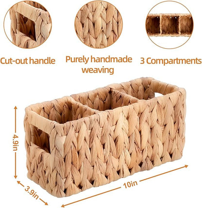 Wicker Party Silverware Caddy, Small Water Hyacinth Plastic Cutlery Utensil Holder, Hand Woven with Handles, Kitchen Countertop and Picnic flatware Organizer