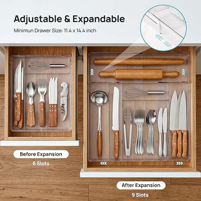 Vtopmart Expandable Silverware Organizer, Clear Plastic Food-Safe Cutlery Flatware Organizer, Kitchen Utensil Drawer Organizer, Adjustable Silverware Holder for Spoons Forks Knives, (6-9 Slots)