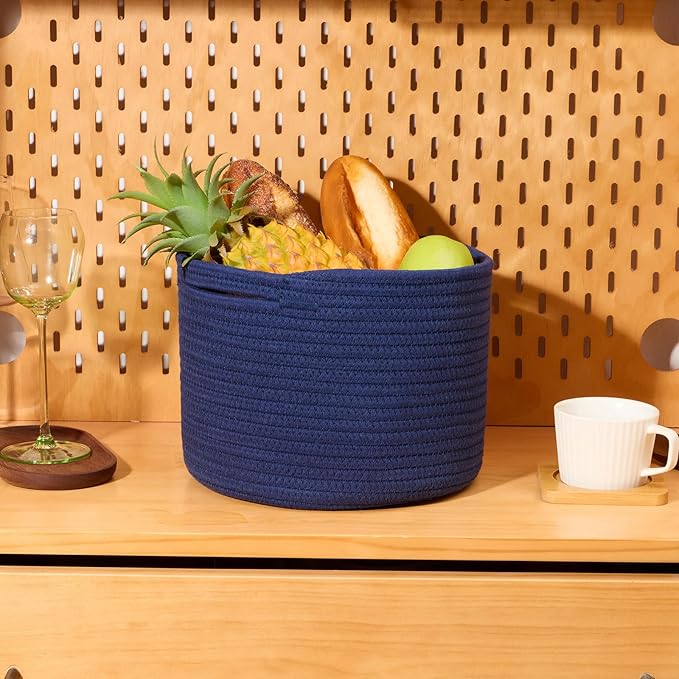 MiniArk Small Basket for Organizing | Cube Shelf Closet Storage Baskets | 9.7×9.7×7.1” | Woven Rope Gift Basket | Nursery | Round 3 Packs Navy Blue