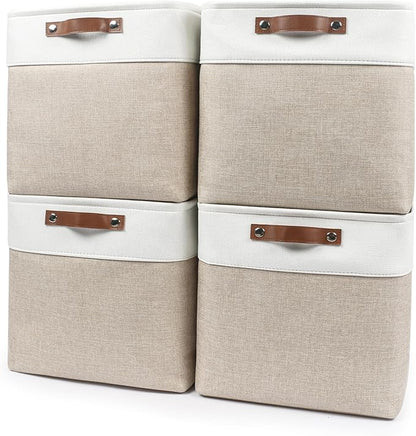 Bagnizer 13x13 Cube Storage Bins, Collapsible Fabric Storage Box, 4 Pack Closet Baskets with Handles for Organizing, Shelf, Toys, Clothes, Home, Office, Nursery (Beige&White)