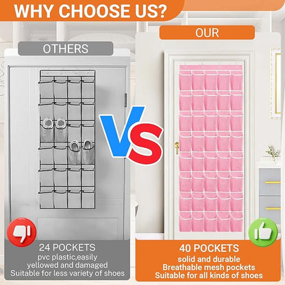 40-Pocket Over the Door Shoe Organizer - Large Mesh Pocket Hanging Shoe Organizer,Behind the Door Shoes Storage Holder Hanger (Pink-W)