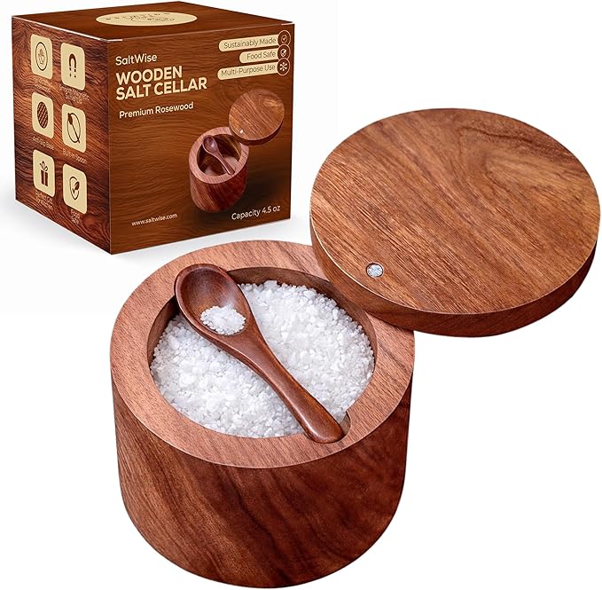 Wooden Salt Cellar with Magnetic Swivel Lid & Built-in Spoon, Salt Box for Kitchen Countertop, Premium Rosewood Salt Keeper for Sea Salt, Pepper & Spices (4.5 oz)