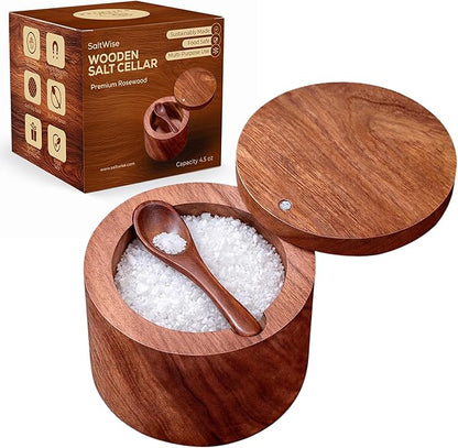 Wooden Salt Cellar with Magnetic Swivel Lid & Built-in Spoon, Salt Box for Kitchen Countertop, Premium Rosewood Salt Keeper for Sea Salt, Pepper & Spices (4.5 oz)
