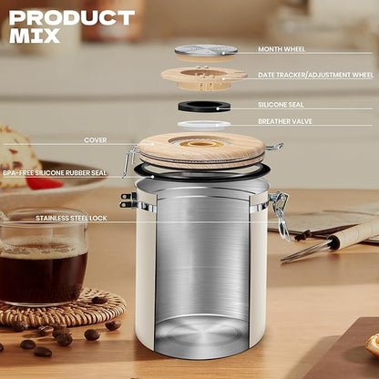 Coffee Canisters with Window,Scoop and Airtight Lid Stainless Steel Kitchen Bean Storage Grounds Container Date Tracker and Scoop for Grounds Coffee Bar Accessories (Cream+window, 22 oz)