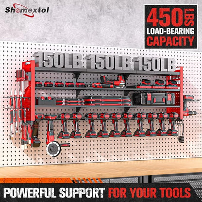 49.8" W Large Power Tool Organizer Wall Mount, Heavy Duty Tool Organizer with 14 cordless Drill Holder, 4 Layers Garage Organization and Storage Rack, Tool Rack for Garage Workshop, Red