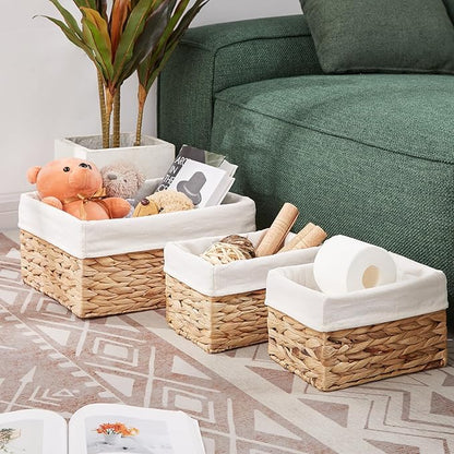 Vagusicc Wicker Basket, 3-Pack Water Hyacinth Wicker Storage Basket with Handles, Storage Baskets for Organizing, Large Hyacinth Storage Baskets for Shelves with Liner (Water Hyacinth Baskets Set)