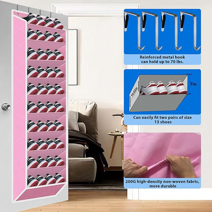 Over the Door Shoe Organizer, 20 to 30 Pairs Hanging Shoe Holder, Heavy Duty Extra Deep Pockets Shoe Storage for Closet, Anti-Scratch Hooks & FSC-Certified Bamboo - Pink