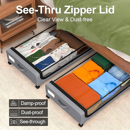 GoMaihe Under Bed Storage with Wheels: 48L Underbed Storage Containers with Lids - Rolling Bins for Shoes Clothes in Dorm Bedroom - Metal Drawers Easy Pull-out Grey 2-Pack