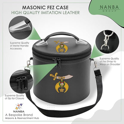 Machine Embroidered Shriner Fez Case – Deluxe Masonic Fez Cap Storage Box with Strap, Imitation Leather Gifts, Display Box for Masonic Fez Hats (Black)