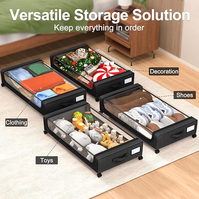 GoMaihe Under Bed Storage with Wheels: 48L Underbed Storage Containers with Clear Lids - Rolling Drawers & Bins for Shoes Clothes in Dorm Bedroom - Space-Saving Easy Pull-out Black 4-Pack