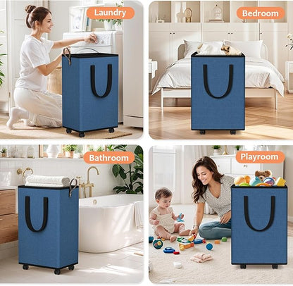 SpaceTrove Laundry Basket with Wheels, Collapsible Laundry Baskets, Laundry Hamper with Handles Detachable Wheels, Rolling Laundry Basket, Dirty Clothes Hamper for Bathroom, Dorm, Bedroom, Navy, 80L