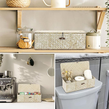 Hipiwe Seagrass Storage Basket Bin 3 Sections Hand-Woven Wicker Baskets with Lid Bathroom Basket Toilet Tank Baskets Holder for Organize Snack Tissue, Whitewash