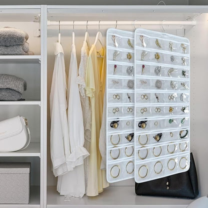 80 Pocket Hanging Jewelry Organizer with Hanger Metal Hooks Storage On Wall Door Closet Double-Sided(Each Side 40 Pockets) Jewelry Holder for Earrings, Necklaces, Rings (White+White)