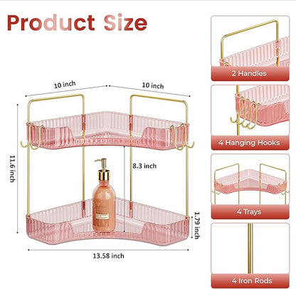 Delicate Pink 2-Tier Corner Counter Organizer with Expandable Hooks | Bathroom, Kitchen & Vanity Storage for PET Makeup, Skincare & Jewelry