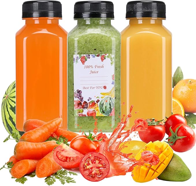 SUPERLELE 20pcs 8oz Plastic Juice Bottles, Reusable Juice Containers with Lids for Juicing, Smoothie, Drinking and Other Beverages