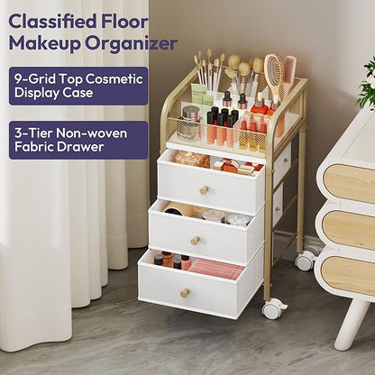 SWTYMIKI Rolling Makeup Organizer Cart - Under Desk Vanity Makeup Storage with 3 Non-woven Drawers, Nail Cart Organizer Cosmetic Display Cases Cabinet for Skin Care Perfume Nail Polish Brush Hair Tool