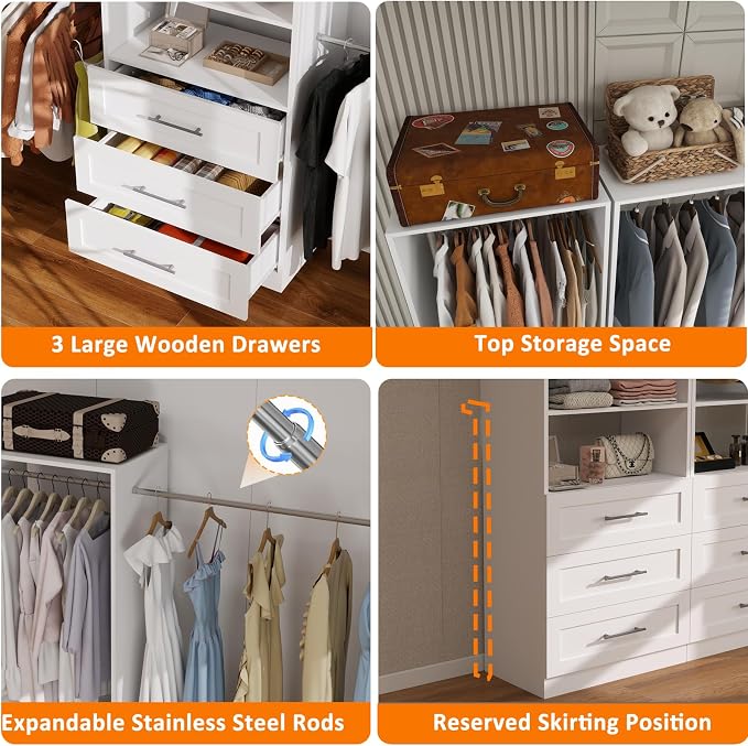 5–9FT Closet System with 3 Wood Drawers, Closet Organizer System with 5 Expandable Hanging Rods, Walk-in Closet System with Shelves, Wall Mounted Built-in Closet Organization System