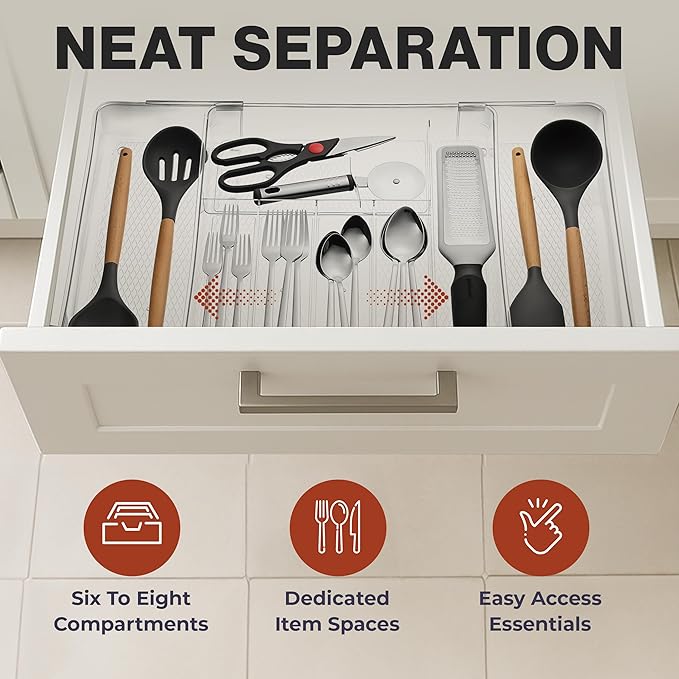 Masirs Expandable Utensil Drawer Organizer - BPA-Free Plastic Clear Silverware Tray with Multiple Compartments - Non-Slip Cutlery Storage for Kitchen, Bathroom, or Office Drawers (Clear)