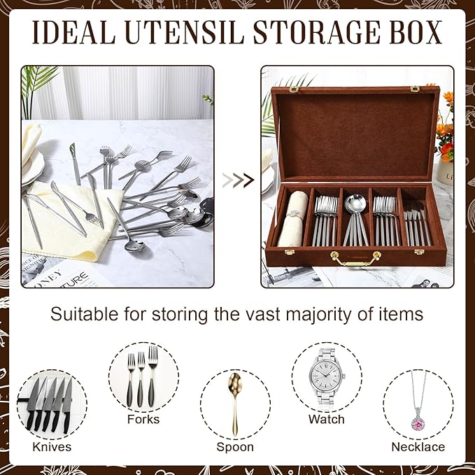 Pickmesh Silverware Case with Lid and Handle, Silverware Storage Box Sterling Silver Flatware Chest Without Silver Tarnish Proof Utensils Organizer for Kitchen Decor Wedding Gifts(Coffee,1 Layer)