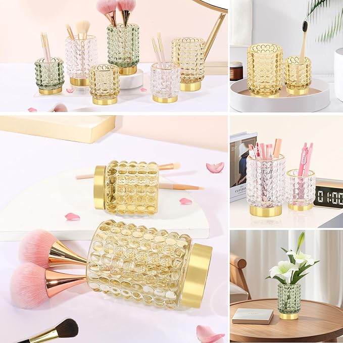 DASITON Makeup Brush Holder Organizer, Crystal Cosmetic Make Up Brush Holder, Glass Makeup Brushes Storage Organizer, Vintage Make Up Cup Desk Pen Pencil Holder, Toothbrush Holders (Yellow L)