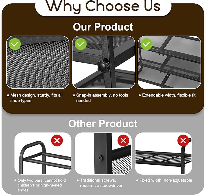 Expandable Shoe Rack for Closet - Shoe Organizer for Entryway, Adjustable Metal Shoe Storage, Stackable Long Shoe Stand Holder for Garage, Hallway, Door Entrance (Black, 3 Tier)