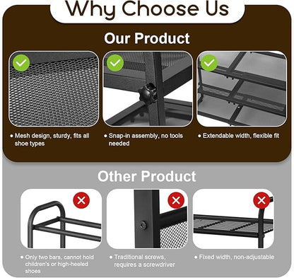 Expandable Shoe Rack for Closet - Shoe Organizer for Entryway, Adjustable Metal Shoe Storage, Stackable Long Shoe Stand Holder for Garage, Hallway, Door Entrance (Black, 3 Tier)
