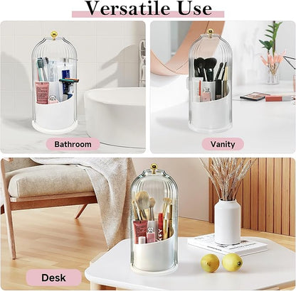 360° Rotating Makeup Brush Holder, Cosmetic Organizer with 180° Sliding Lid, Beauty Brush Storage for Vanity, Desk, Bathroom Countertop