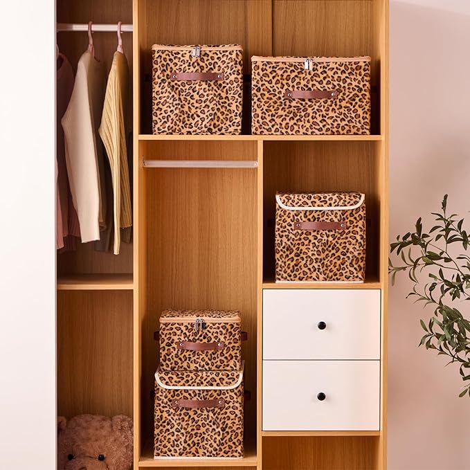 2PCS Storage Bins Boxes with Zipper Lid Leopard Print Cute Velvet Fabric Basket PU Leather Handles PP Plastic Board Foldable Washable Lidded Closet Shelf Organizer Container (Large Size)
